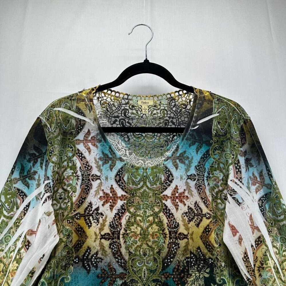 Reba Tunic Womens Sz L Burnout Ombre Lace Trim Asymmetric Long Sleeve Multicolor - Picture 3 of 10